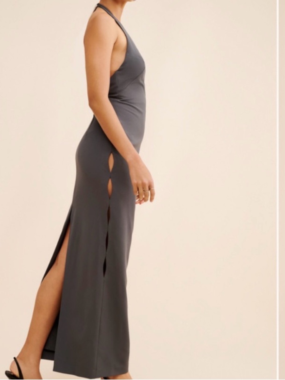 Liv Foster Sleek Grey Charcoal Cutout Maxi halter Dress Sz 2